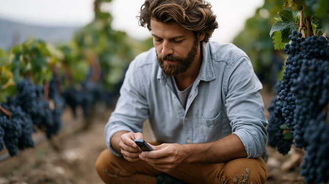 Winemaker in muddy boots crouching low among harvest rows to examine ripening grape clusters close up, refractometer in hand measuring sugar content, sustainable viticulture and