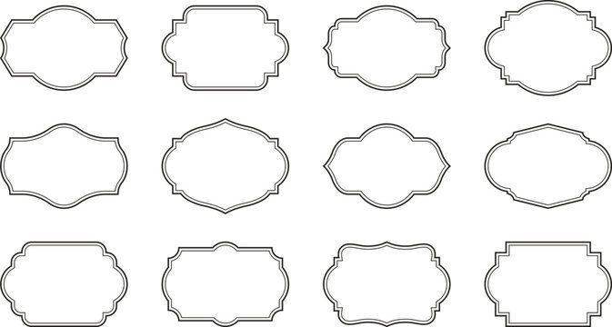 Decorative outline label set with elegant vintage frames. Horizontal Logo Frames, Label Shapes and Badge Templates Set. Blank tag templates for branding and packaging.