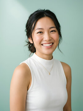 Beautiful young asian woman with dark hair wearing a white high neck top smiles brightly while posing for a professional portrait against a light green background