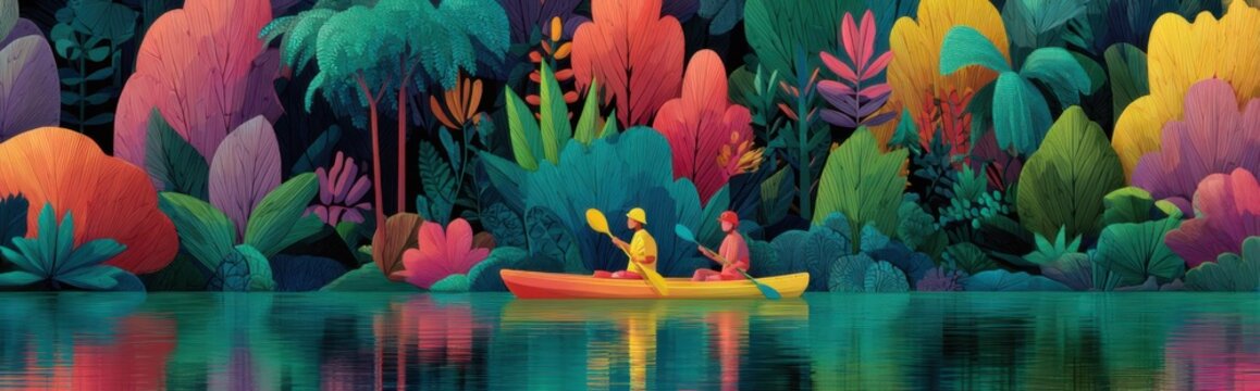 Two people kayak on a lake surrounded by colorful plants and trees during a bright day