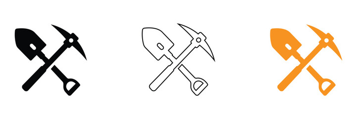 Crossed shovel and pickaxe icon set vector illustration isolated on white background. Mining, construction, digging equipment linear outline, solid black, orange vector symbols. © graphicsart.one