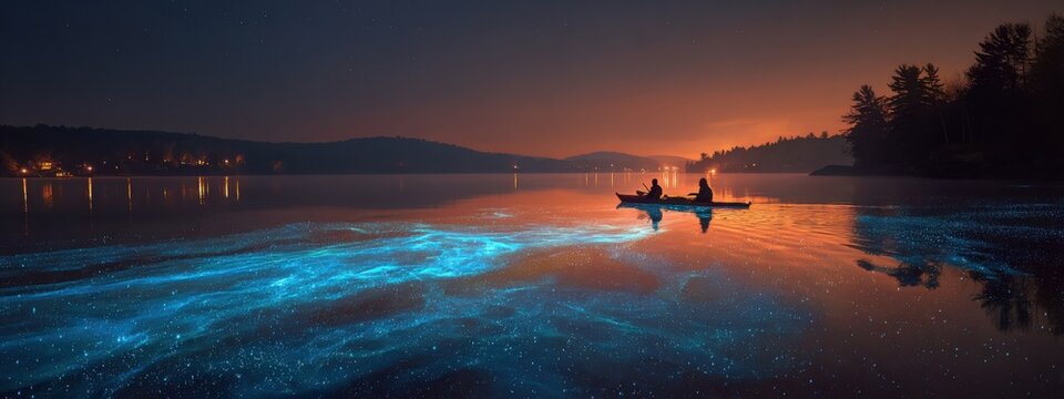 Kayakers paddle on a lake with glowing water at night near a forest and city lights in the background