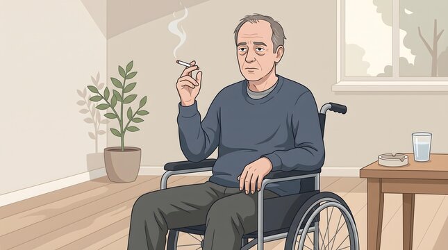 Senior Man in Wheelchair Smoking Cigarette Indoors &ndash; Health and Addiction Concept.