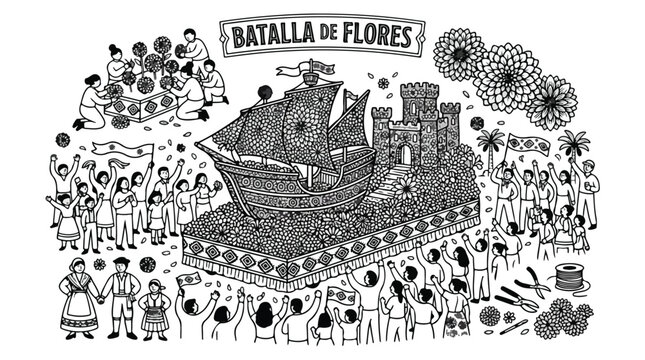 Batalla de Flores festival illustration, traditional flower parade float with ship and castle, cultural celebration with crowd in line art style