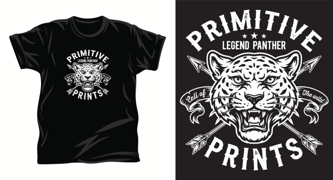 Primitive legend panther prints, call of the wild, roaring panther head with arrows.