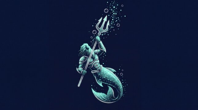 Cyan stippled particle glow merman Poseidon silhouette with trident, ancient Greek sea god dot art dotted underwater bubbles, dark navy base, ornamental template,Ancient Greece Homeric Epic