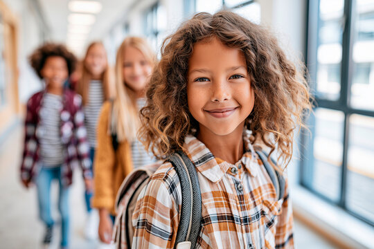 Diverse Middle School Students Walking Through Modern School Hallway, Smiling Girl Looking Back