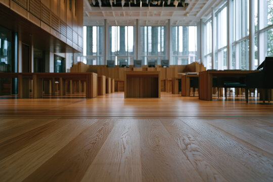 A spacious minimalist office interior featuring wooden floors, abundant natural light from large windows, designed for creativity and collaboration in a contemporary workspace.
