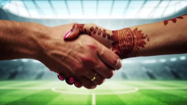 Close up of two people shaking hands with traditional henna tattoos on a stadium background.