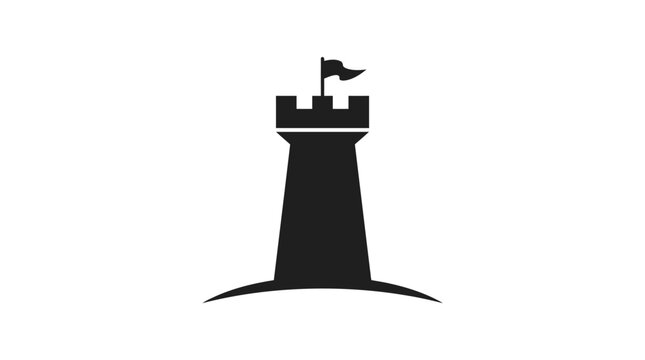 Minimalist black vector icon featuring a stylized fortress tower with a small waving flag isolated on a clean white background for modern graphic design projects