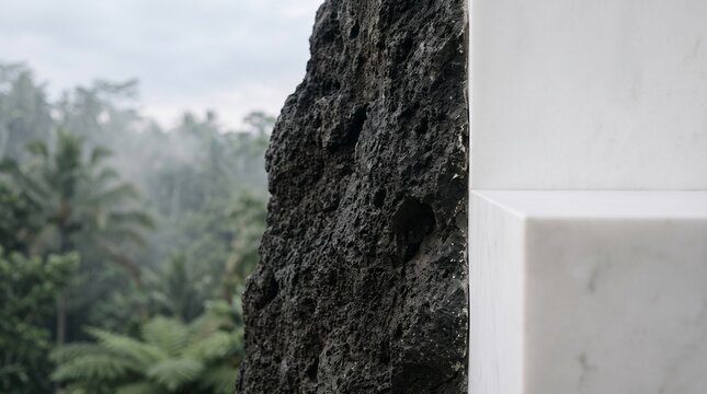 Weathered Stone Wall Overlooking Tropical Landscape