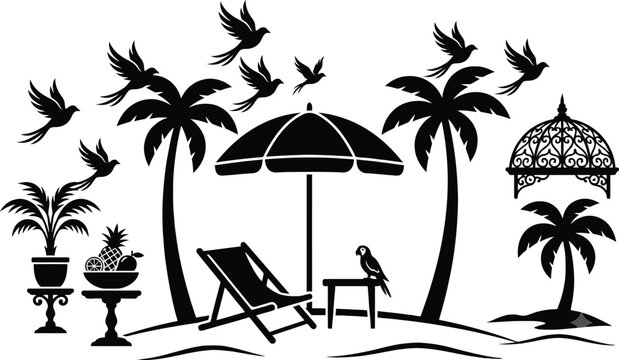 Tropical scene silhouette with palm trees beach chair and flying birds