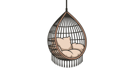 Obraz premium Cozy hanging wicker egg swing chair with comfortable cushions and fringes on a clean white background.