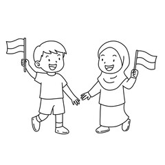 Line art of children holding indonesia flag