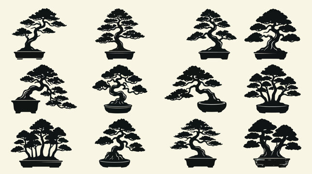 Silhouetted bonsai trees collection