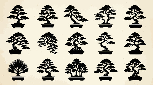 Silhouetted bonsai trees collection