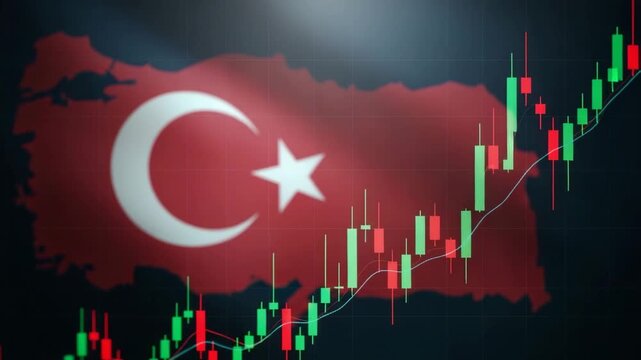 Turkey's Economic Growth A symbolic representation of Turkey's economic performance featuring the nation's flag overlaid with a dynamic stock market graph showing an upward trend