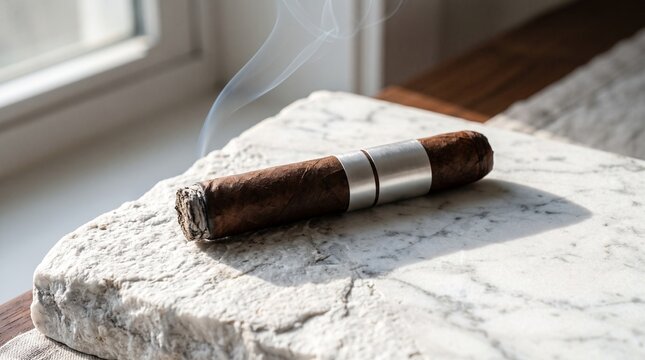 Lit Cigar Smoking on Marble Surface by Window