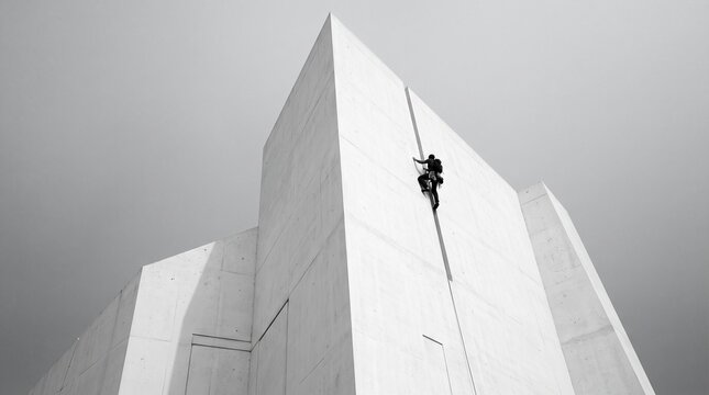 Rock Climber Ascending Massive White Concrete Wall