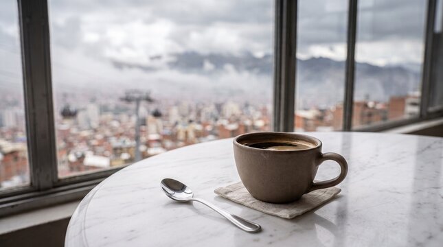 Coffee Cup by Window with City Skyline View