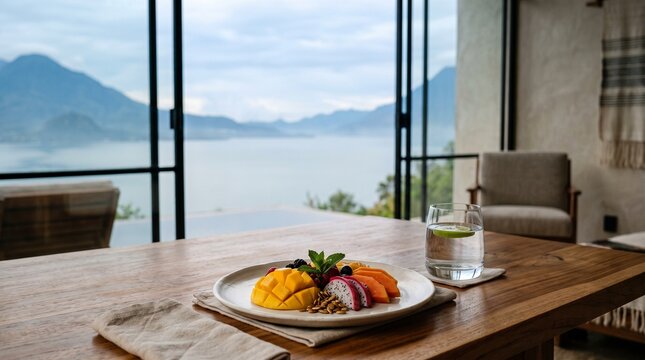 Healthy Fruit Plate with Mountain Lake View