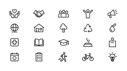 Collection of minimalist icons representing various social lifestyle concepts and global themes on transparent background © CHANCHALA  SARKAR