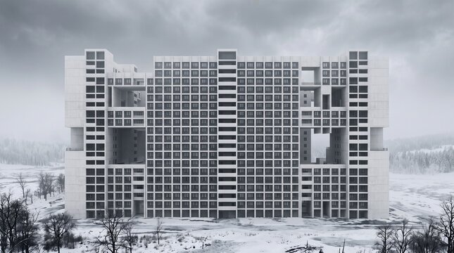 Modern Residential Complex in Snowy Winter Landscape
