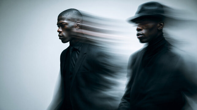 Two Men in Motion Blur Against Gray Background