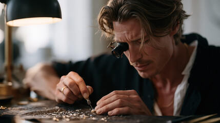 Fototapeta premium A goldsmith uses a fine burr tool to set a gemstone into a handcrafted ring under a jeweler's bench lamp, magnifying loupe fixed to one eye, metal filings across the leather work
