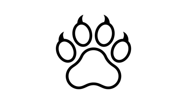 Simple black outline drawing of an animal paw print with four toes and visible claws on a plain white background.