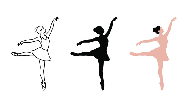 Three elegant ballerina figures displayed in a collection showing a black outline style a solid black silhouette and a flat colored design on white background