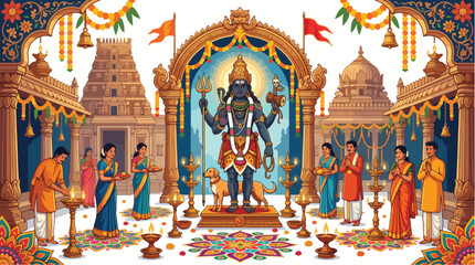 Fototapeta premium Devotees celebrate Kalabhairav Jayanti with prayers and offerings to Lord Bhairava at a grand Hindu festival honoring