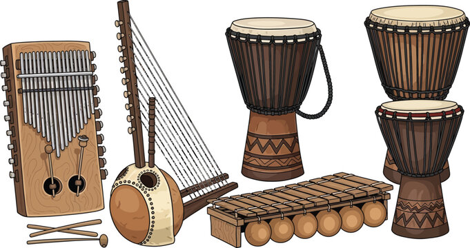 African Musical Instruments Collection: Kalimba, Kora, Djembe Drums, Xylophone