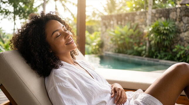 Relaxed Brazilian Woman Enjoying Sun with Eyes Closed for Spa and Wellness Beauty Campaign