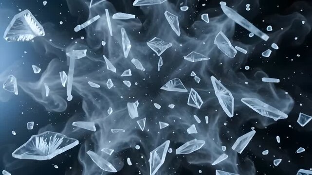 Abstract fragmentation of clear ice shards with swirling mist in a dynamic, energetic explosion against a dark background, symbolizing breakdown and change