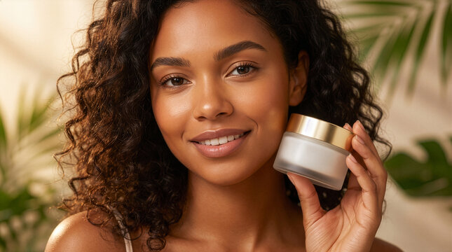 Elegant Brazilian Woman Holding Luxury Skincare Cream Jar Near Flawless Face