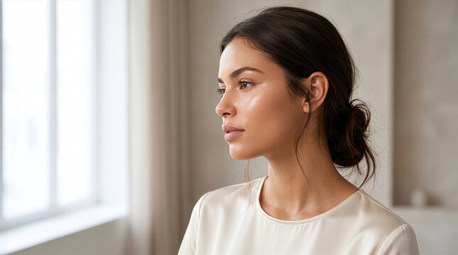Graceful Side Profile of Young Brazilian Woman with Radiant Skin in Natural Window Light