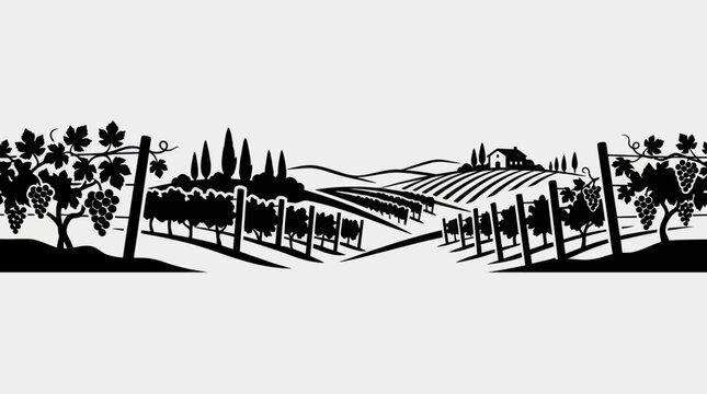 Vineyard landscape with rolling hills and building