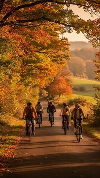 Group of friends cycling on a scenic road through autumn forest during sunset.