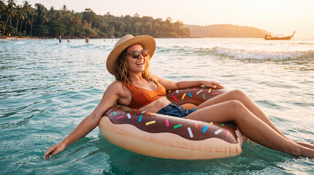 Cheerful woman floating on a donut-shaped inflatable mattress in turquoise ocean water under the summer sun. Tropical travel, beach vacation, relaxation, and joyful holiday lifestyle concept.