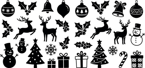Fototapeta premium Christmas holiday icon set with reindeer snowman and festive decorations christmas reindeer