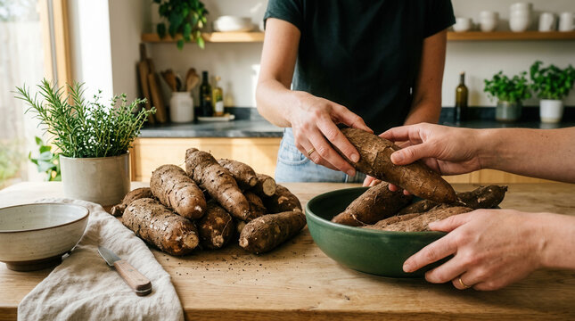 Hands Sharing Fresh Yuca Root In A Bright Kitchen Setting