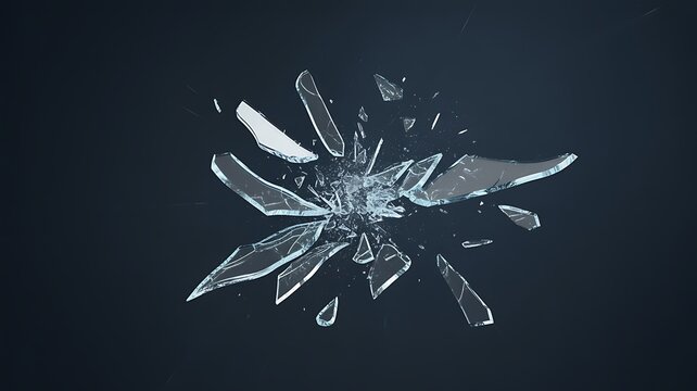 Sharp shards of broken glass exploding and flying through the air, isolated on a black background.