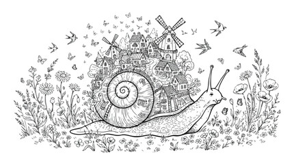 Whimsical village with windmills on giant snail shell in a blooming meadow © Muhammad