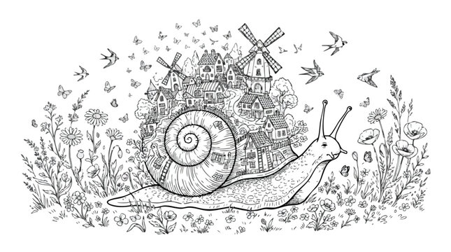 Whimsical village with windmills on giant snail shell in a blooming meadow