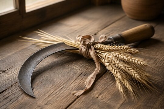 Wooden sickle with fresh wheat stalks and a faded ribbon on rustic wood.