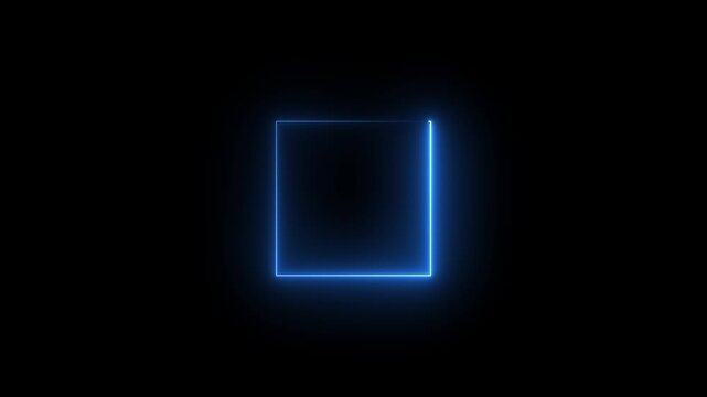 Glowing neon square frame animation. luminous banner animation. blue  color neon box icon. Neon Figure On Black Background. 4k video...