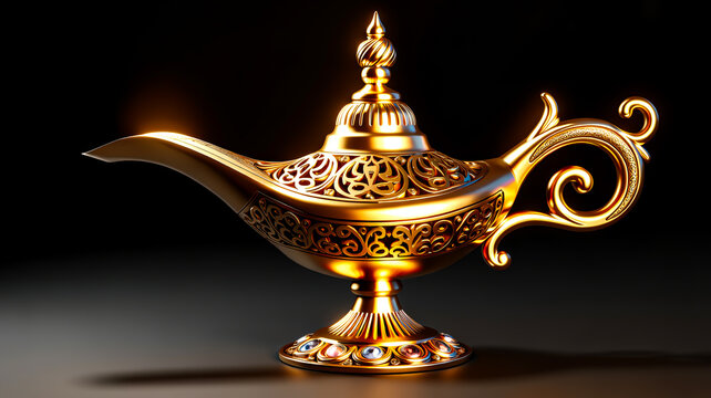 A Photorealistic 3D Rendering of a Golden Arabian Oil Lamp with Ornate Details and Glowing Reflection