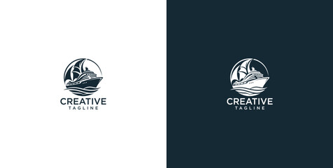 Elegant Cruise Ship Nautical Emblem Logo Design Featuring Ocean Waves and Minimalist Sailing Vessel Silhouette for Maritime Travel Branding © micky_adb