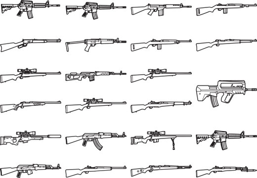 A collection of various assault rifle and firearm illustrations, showcasing different weapon designs and mechanisms.